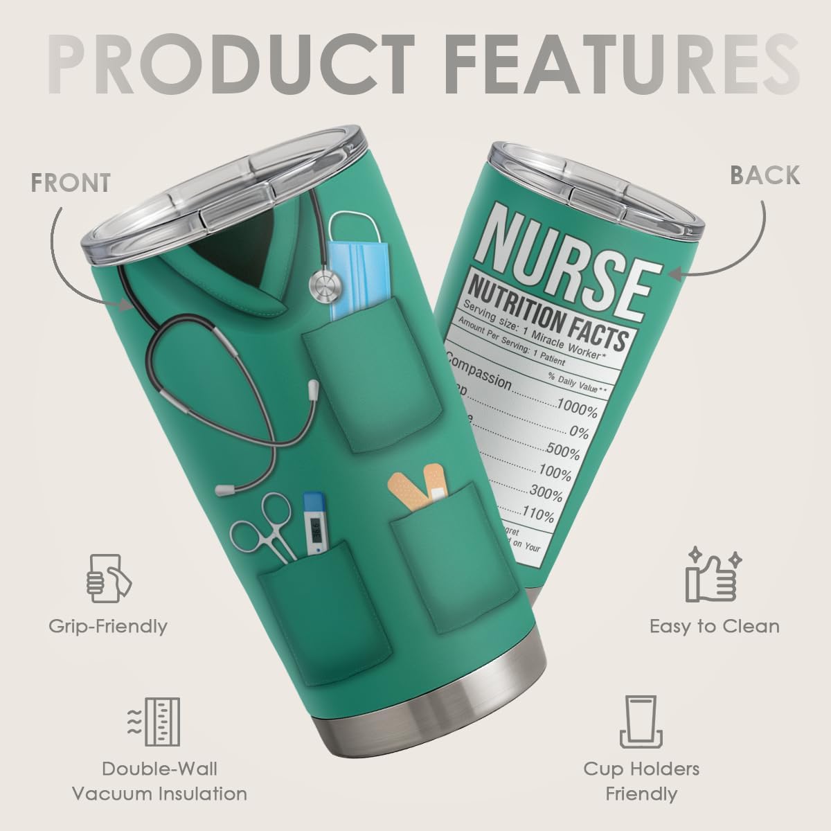 SANDJEST Nurse Tumbler Cup - Nutritional Facts Travel Coffee Mug Gift - 20oz Tumblers Nurse Gifts for Birthday, Christmas, Appreciation Week, Nursing School Graduation for Nurses, Practitioners