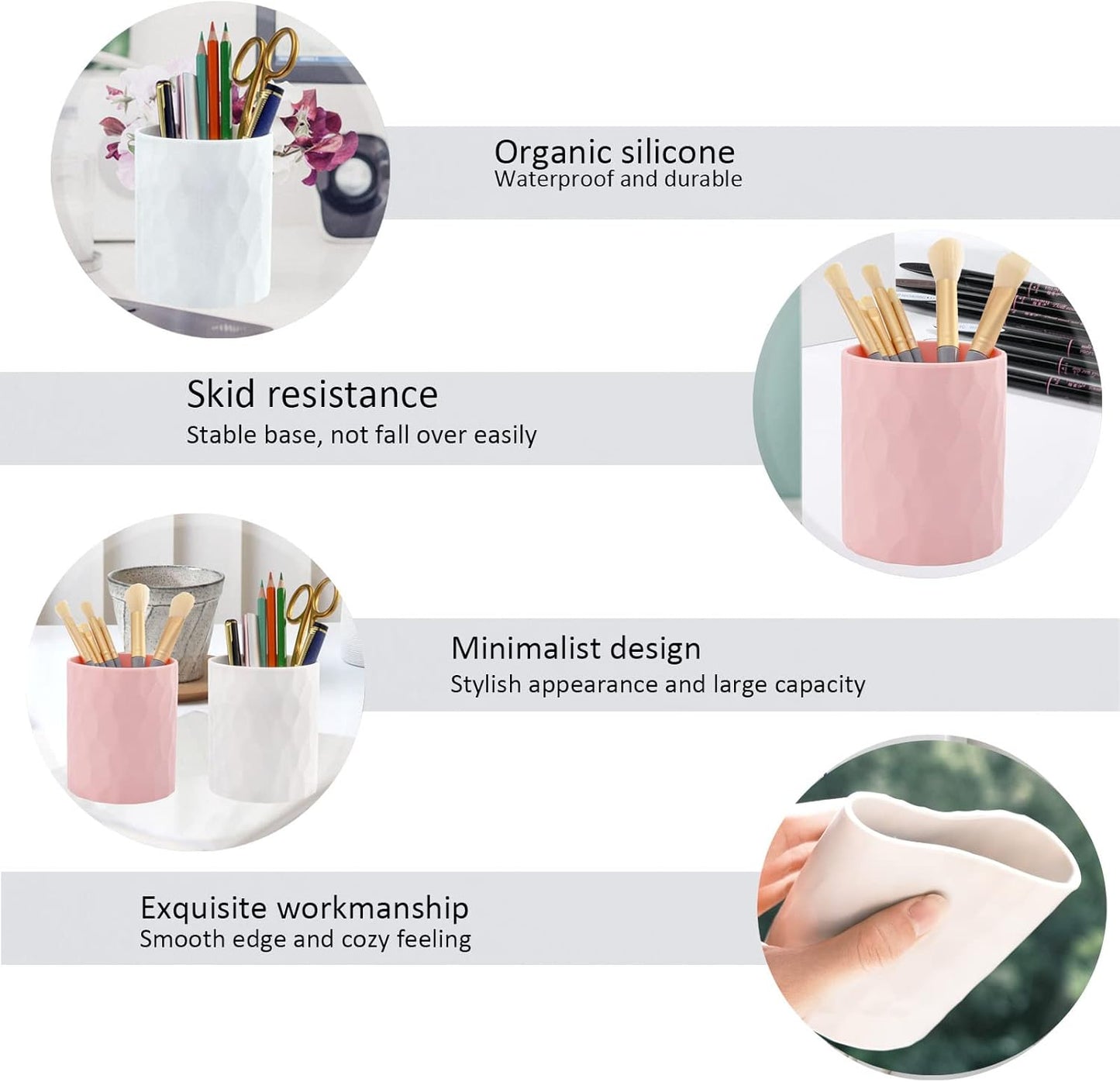 Pen Holder,Nordic Style Silicone Waterproof Pencil Holder for Desk Simple&Modern Minimalist Makeup Organizer Multifunctional Office Supplies for Home,Kids and School (White)