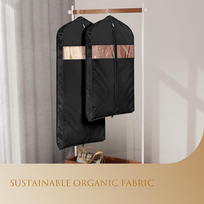 Univivi Super Soft Satin Garment Bags for Hanging Clothes, 43 Inch Zippered Suit Cover with Gussets, Breathable & Non-smell for Suits, Coats, Jackets, Shirts, 2 Pack - Black