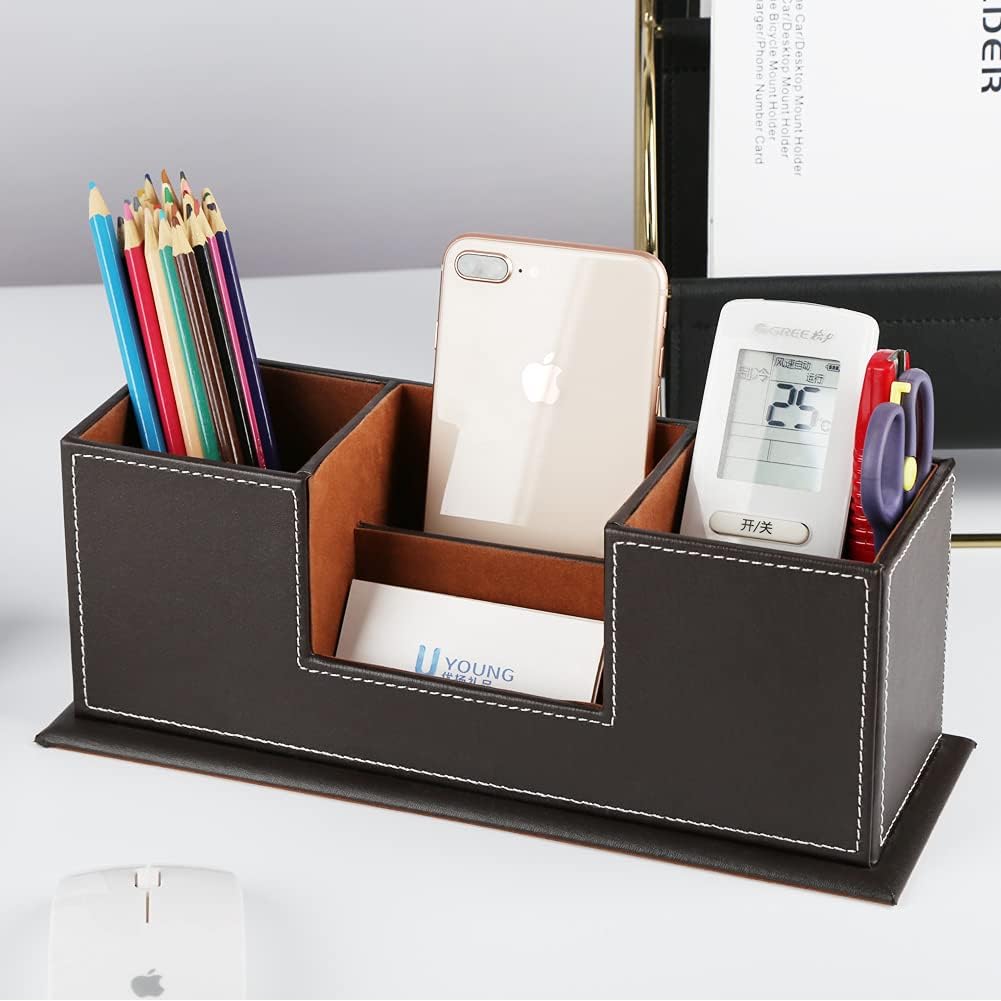 KINGFOM™ Double Holder Wood Leather Multi-Function Desk Stationery Organizer Dark Brown