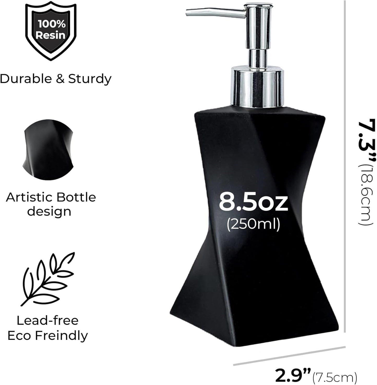 2 Pack Modern White & Black Soap Dispenser Set with Silver Pump for Bathroom and Kitchen, Contemporary Art Style, Matte Finish, Rust Proof, 8.5oz
