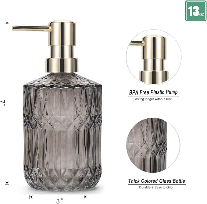 Glass Soap Dispenser 12oz/390ml for Bathroom Kitchen - Hand Soap/Lotion Dispenser With ABS Plastic Pump, Clear Grey