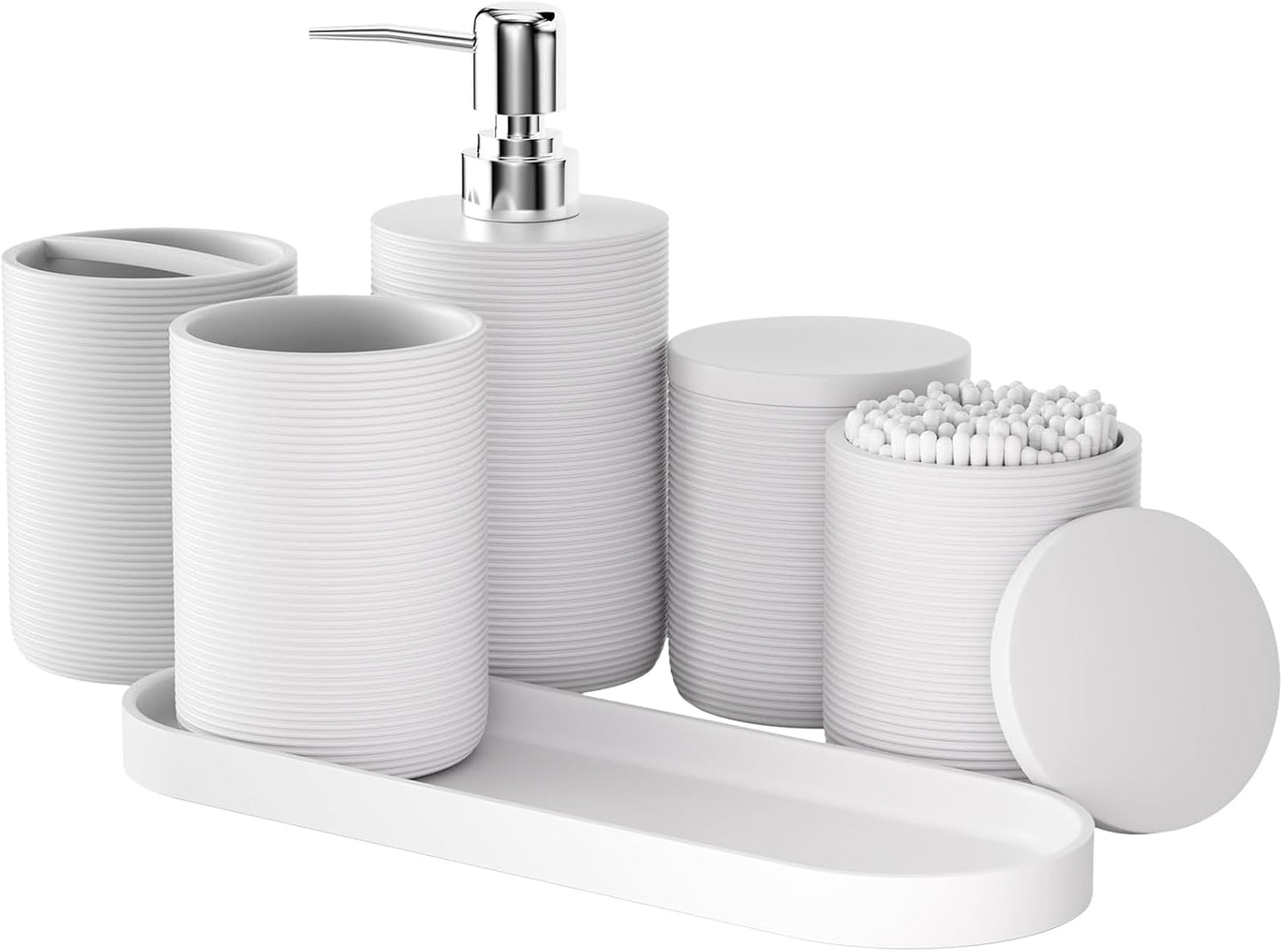 6-Piece Bathroom Accessory Set Resin, White Bath Accessories Complete with Toothbrush Holder, Lotion Soap Dispenser, 2 Qtip Holders,Vanity Tray,Bathroom Tumbler - Countertop Vanity Organizer