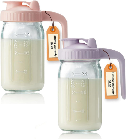 32oz Glass Pitcher with Lid & V-shaped Pour Spout - 1 Quart Double Leak Proof, Creamer Container for Sun Tea, Juice, Cold Brew Coffee, Breastmilk Storage Container