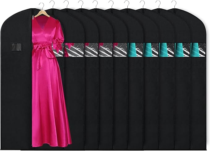 KEEGH Garment Bags for Hanging Clothes 60" (Set of 10) Dress Bags for Gowns Long Dress Bags for Closet Storage with Zipper and Eye-Hole for Folding for Suit Coats Dresses, Black