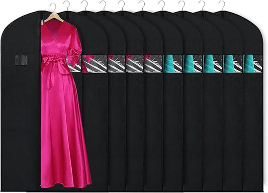 KEEGH Garment Bags for Hanging Clothes 60" (Set of 10) Dress Bags for Gowns Long Dress Bags for Closet Storage with Zipper and Eye-Hole for Folding for Suit Coats Dresses, Black