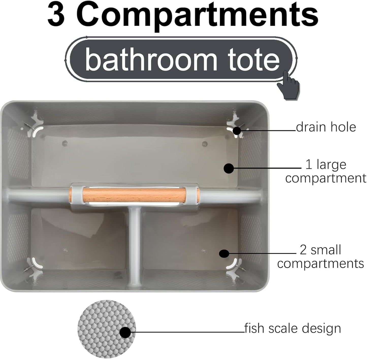 Haundry Plastic Light Gray Shower Caddy Basket with 3 Compartments, Portable Divided Bathroom Cleaning Caddy Organizer Storage Tote with Handle for Dorm, College, Room Essentials