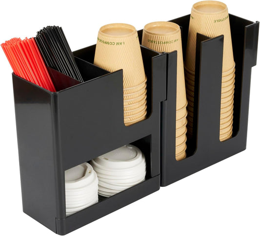 Restaurantware Restpresso Coffee Bar Organizer, 1 Count Durable 6 Compartments, Compact Size, Black Plastic Tabletop Coffee Supplies Organizer For Homes, Office Spaces, Breakrooms, and Lounges
