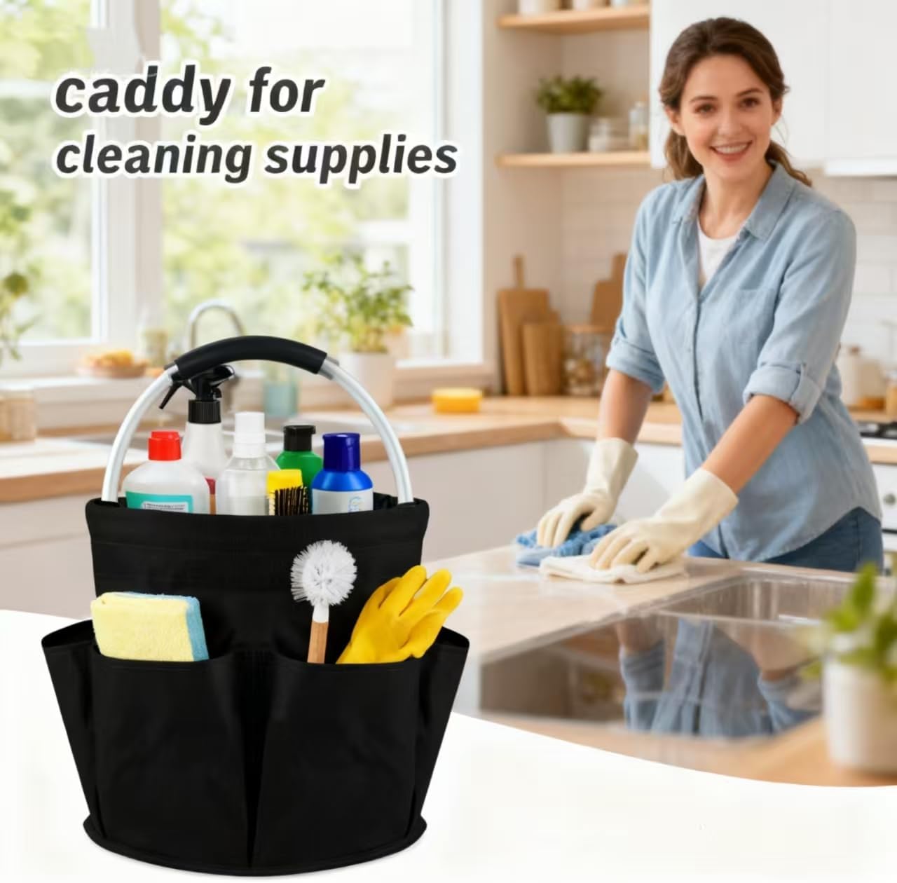 17L Cleaning Caddy With Handle, Foldable Storage Cleaning Product Organizer, Cleaning Caddy Organiser, Outdoor Camping，Portable Multifunctional Cleaning Bucket tool Bag Organizer (black)