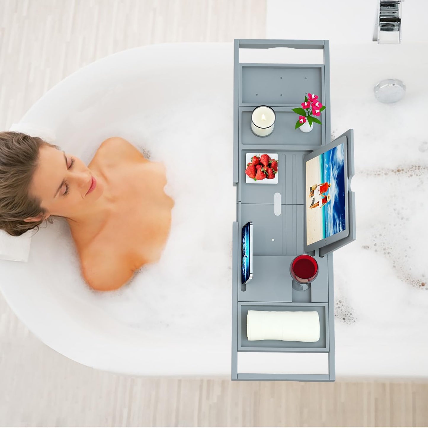 Premium Bamboo Bathtub Caddy - Expandable Size, Fits Most Bath Tubs - Grey