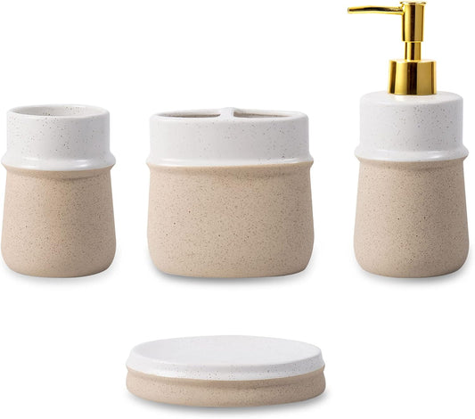 Bathroom Accessories Set,Farmhouse Bathroom Decor,4 Pcs Ceramic Gift Set Apartment Necessities, Contain Toothbrush Cup,Soap Dispenser,Soap Dish,Tumbler,Beige