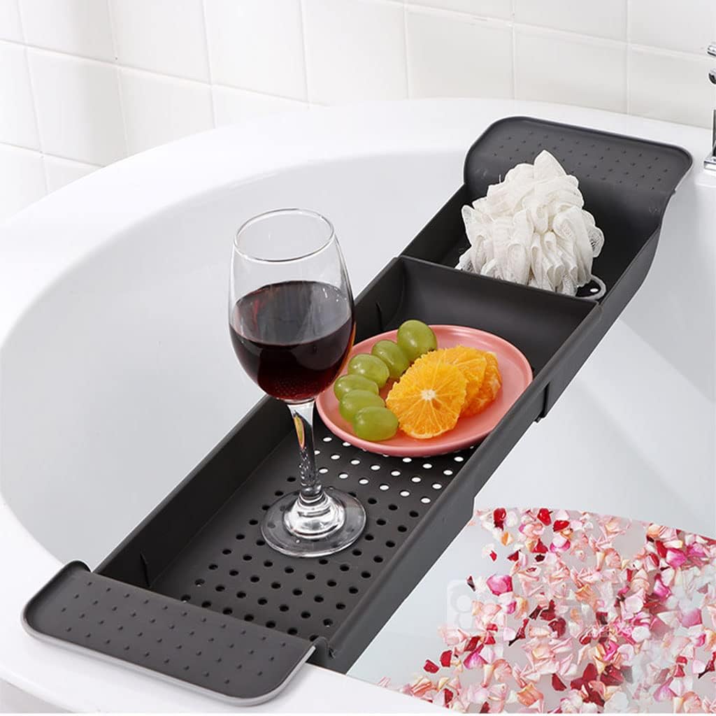 Bathtub Tray Expandable Bath Caddy Storage Rack Multifunctional Bathtub Tub Organizer for Deposit Wash Supplies,Book,Wine,Phone,Bathroom,Shower (Gray)