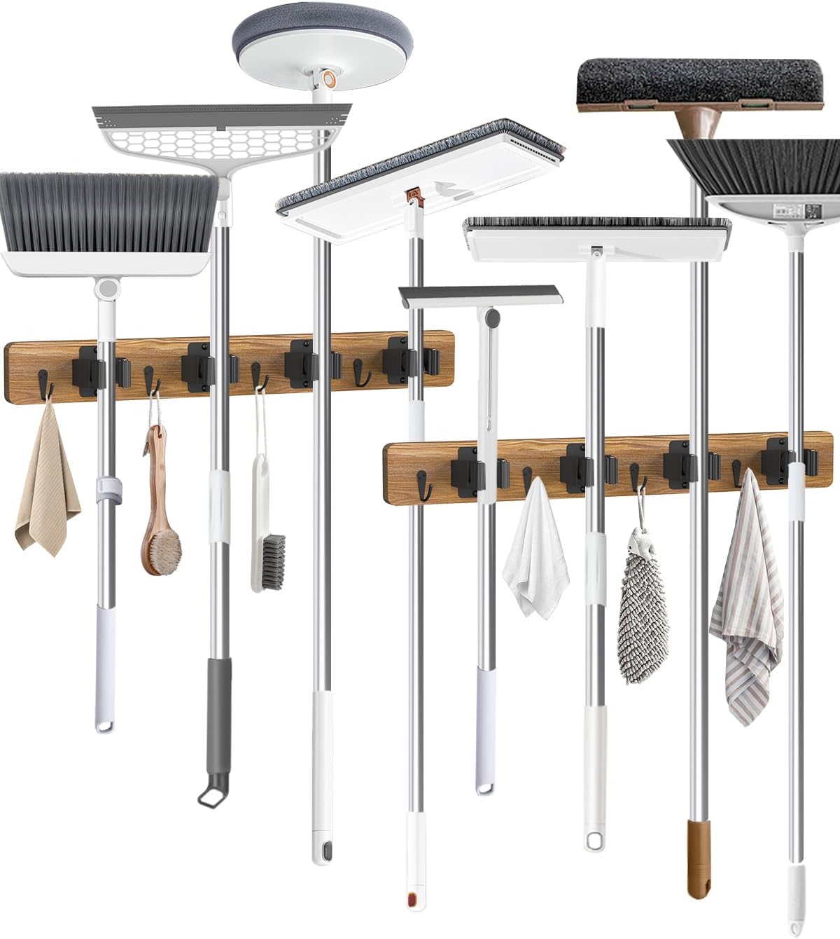 AceMining Broom Holder Wall Mounted, 2 Pack 4 Holders and 4 Hooks Mop Holder, Wooden Mop and Broom Holder with Anti slip rubber, Natural pine wood Brush Holder, Mop Wall Holde with Nail installation