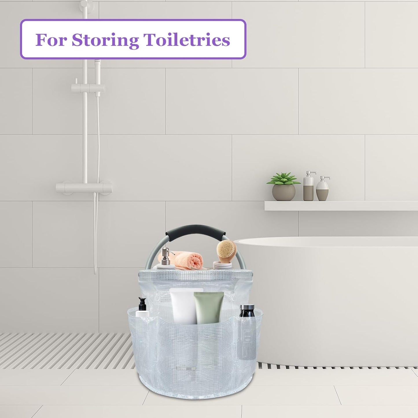 17L Portable Shower Caddy with Handle, Foldable Cleaning Supply Caddy in PVC Resin, Picnic Basket with 6 Side Pockets, Multifunctional Storage Basket for Bathroom, Picnics, Transparent