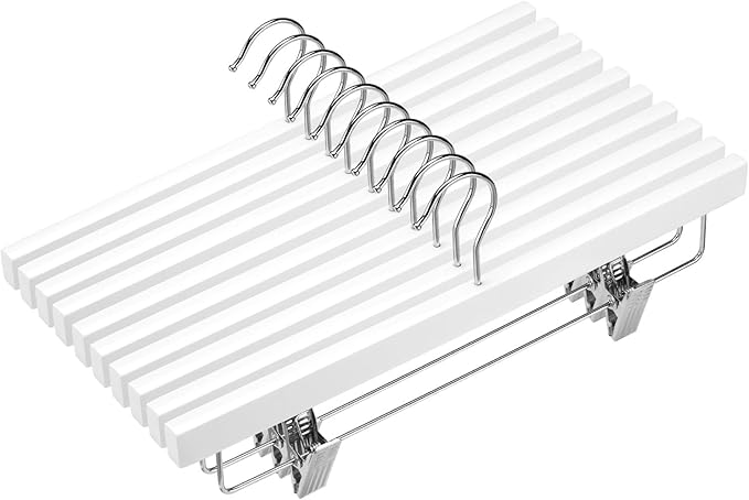 AMKUFO 20pcs Wooden Pants Hangers Solid Pants Hangers with Adjustable Clips 14 Inch White Wood Skirt Hangers Trousers Bottom Hangers with Non-Slip Clips and 360° Swivel Hook