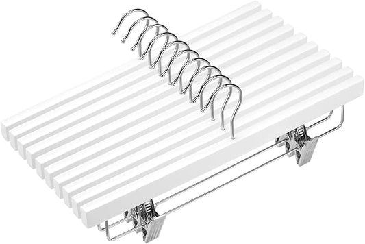 AMKUFO 20pcs Wooden Pants Hangers Solid Pants Hangers with Adjustable Clips 14 Inch White Wood Skirt Hangers Trousers Bottom Hangers with Non-Slip Clips and 360° Swivel Hook