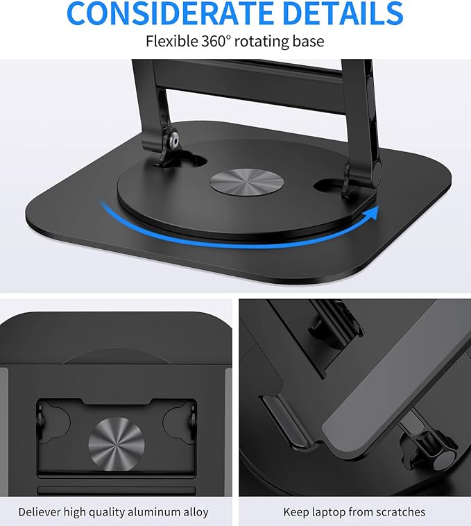 Adjustable Laptop Stand with 360 Rotating Base, Stable Computer Stand for Laptop Ergonimic Foldable Laptop Riser for Desk Compatible with MacBook Pro/Air Notebook up to 16 Inches, Black