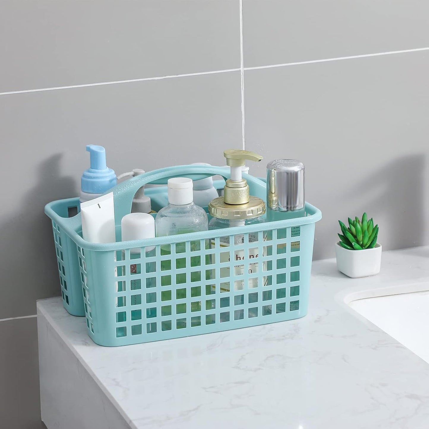 Portable Shower Caddy Basket with Compartments Cleaning Supplies Organizer with Handle Plastic Storage Divided Tool Bin for Bathroom, Bedroom, Kitchen, College Dorm, Garden, Under Sink, Light Blue