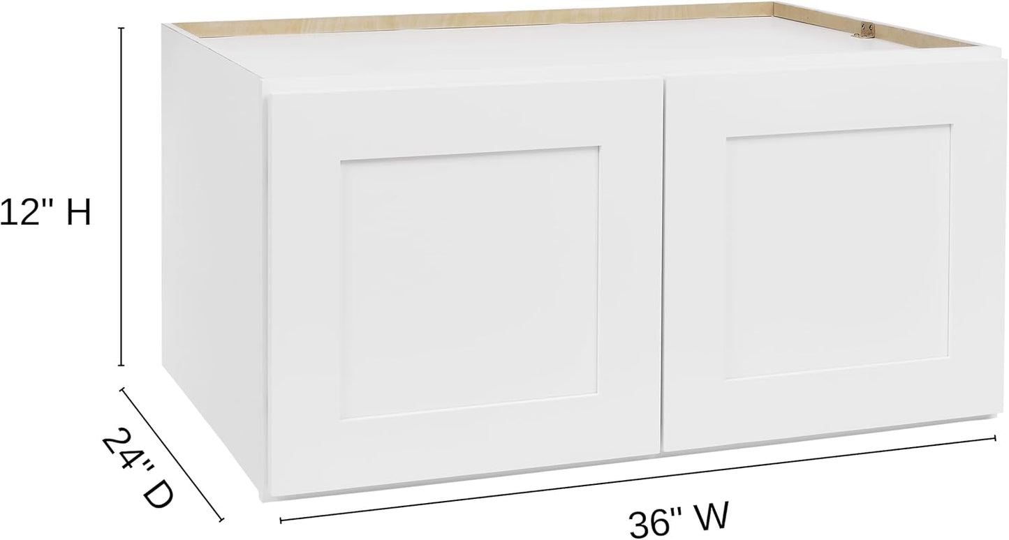 White Shaker Wall Cabinet - Ready to Assemble, Perfect for Kitchen, Laundry, and Bathroom Storage - 36”W x 12”H x 24”D