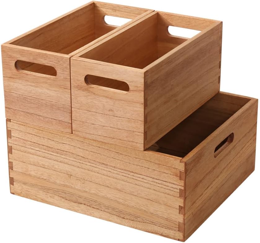 Wooden Baskets for Clothes Storage and Shelf Organizing -Natural Wood Decorative Storage Boxes with Handles for Office Bookshelf and Closet- Cabinets Cube Bins Organizer Light (3TH-LT)