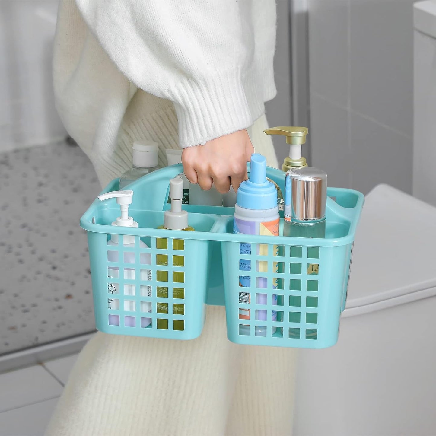 Portable Shower Caddy Basket with Compartments Cleaning Supplies Organizer with Handle Plastic Storage Divided Tool Bin for Bathroom, Bedroom, Kitchen, College Dorm, Garden, Under Sink, Light Blue