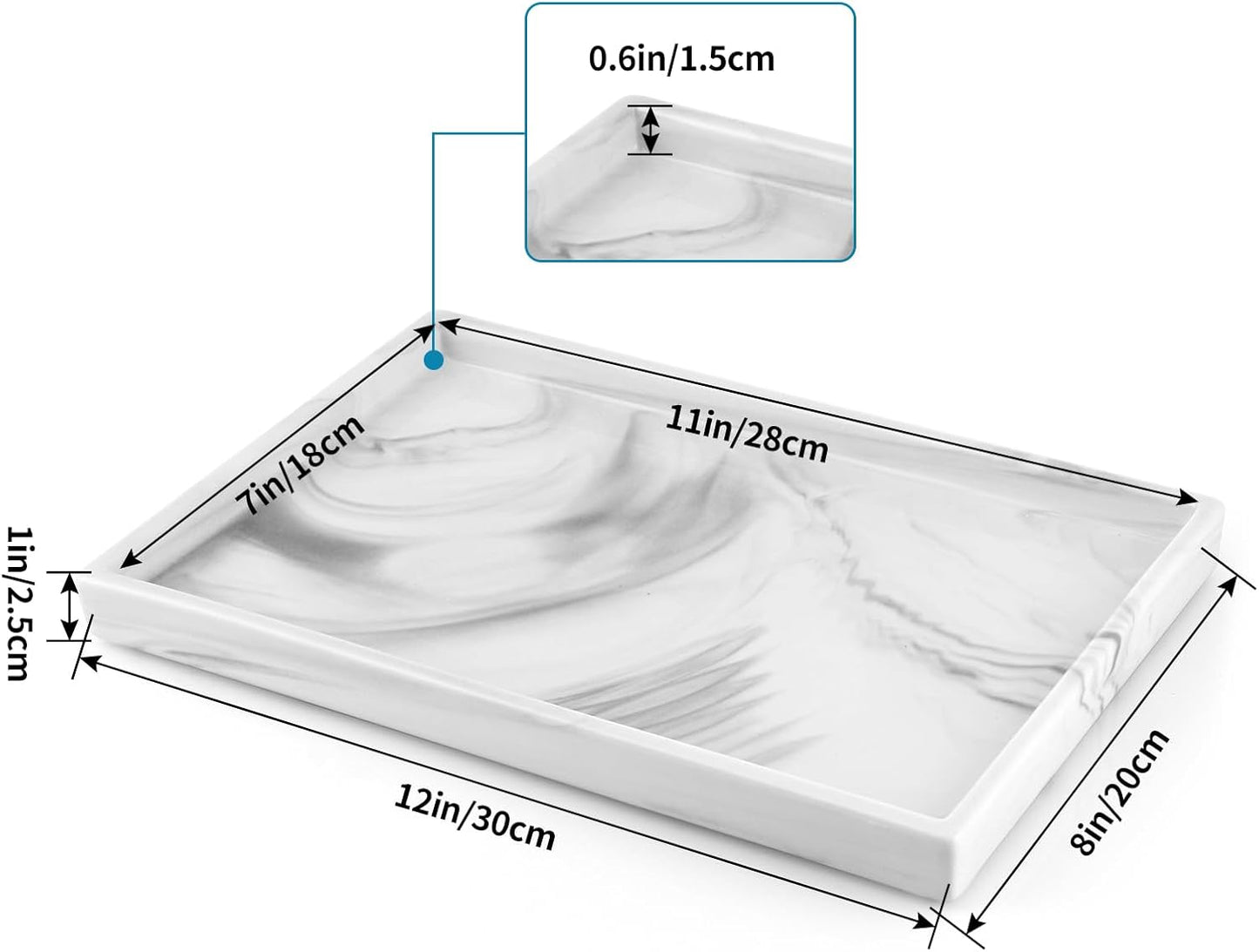 12" Large Ceramic Vanity Tray, Rectangle Perfume Plate Organizer, Jewelry Holder Dish, Non Slip Decorative Tray for Bathroom, Bedroom, Kitchen, Coffee Table (Marble Grey)