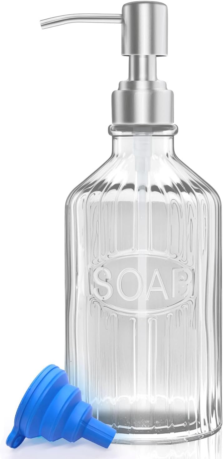 Glass Dish Soap Dispenser - Refillable Kitchen Hand Pump for Rust Proof Stainless Steel Countertop, Clear Liquid Bathroom Dispenser