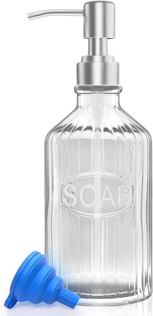 Glass Dish Soap Dispenser - Refillable Kitchen Hand Pump for Rust Proof Stainless Steel Countertop, Clear Liquid Bathroom Dispenser