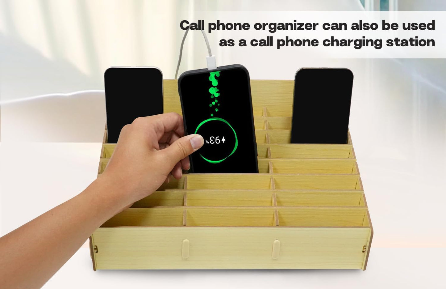 HengTianMei Wooden Desktop Storage Box Mobile Phone Management Storage Box Creative Desktop Office Meeting Finishing Grid Multi Cell Phone Rack Display (New 24)