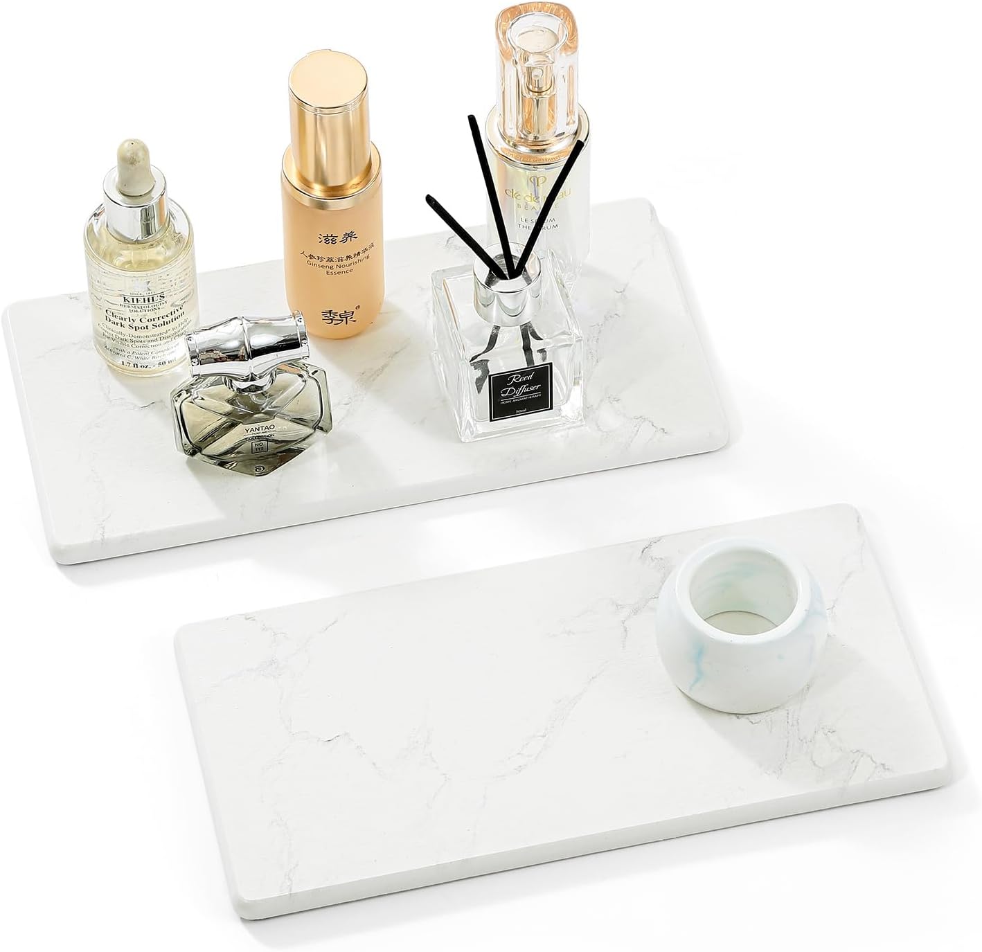 2PCS 10"x 5" Large Bathroom Sink Vanity Trays, Water Absorbing Diatomite Stone Quick Drying Mat for Kitchen Counter, Dish Rack Dispensers Sponge Holder Caddy Organizer, Marble White, 10"x 5"