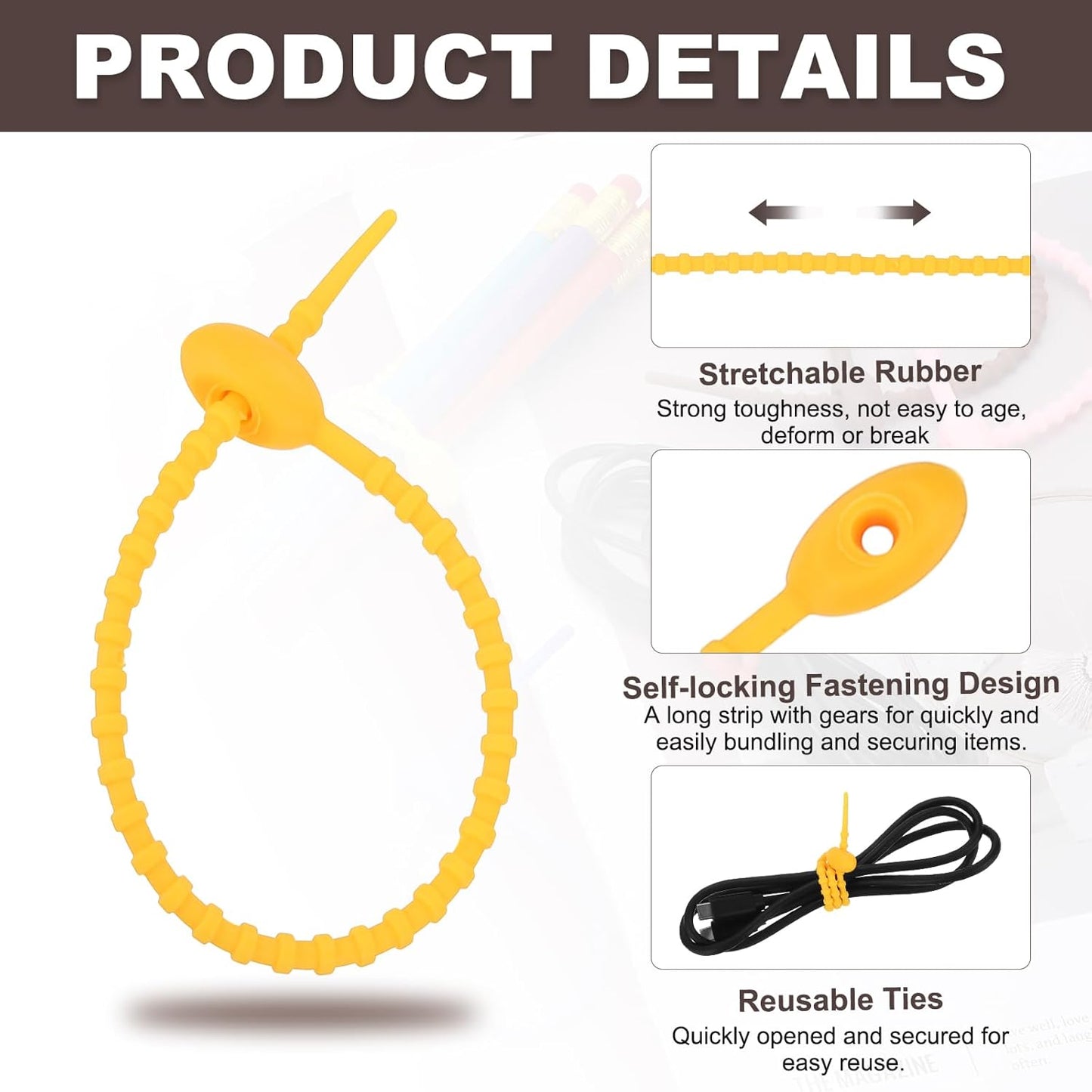 uxcell 20 Pcs Silicone Ties Bag Clip, 8.5 Inch Multi Purpose Silicone Zip Ties Reusable Rubber Zip Tie, Cable Strap Cord Organizer for Home Office Food Bag Wires Cables, Orange