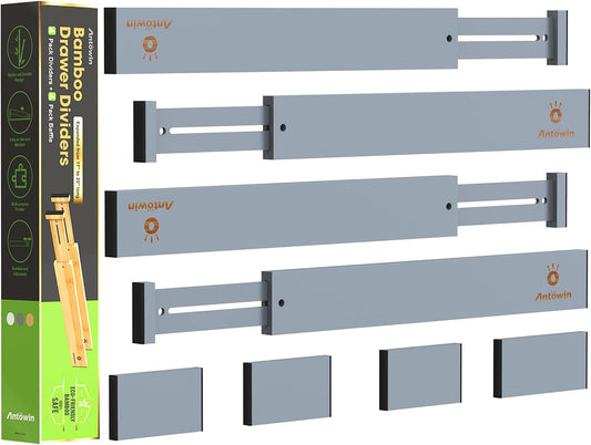 ANTOWIN Bamboo Drawer Dividers Organizers, Expandable Drawer Separators Splitter,17-22 inches Long Adjustable Spring-loaded Organizer for Large Utensil, Clothes, Tools Drawers (Grey)