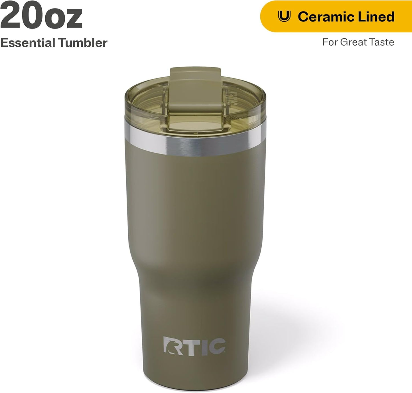 RTIC 20oz Essential Tumbler with Lid, Ceramic Lined, Insulated, Stainless Steel, Metal, Double Wall Vacuum-Insulation, Travel Cup for Iced Coffee, Tea, Hot and Cold Drink, Olive