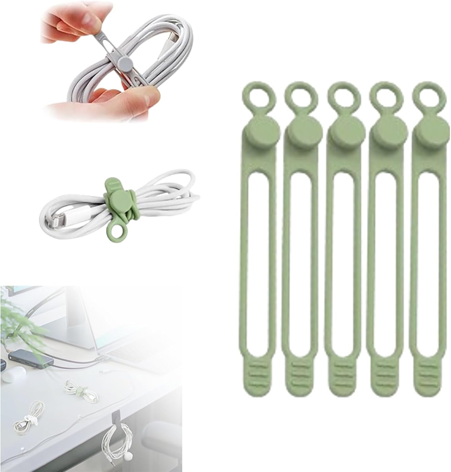 Silicone Cable Ties, 2024 New Data Cable Organizer Silicone Cable Ties Reusable Cable Management Organizer Multipurpose Cable Management for Travel/Portable/Office/Home Desk (Green, 5 Pcs)