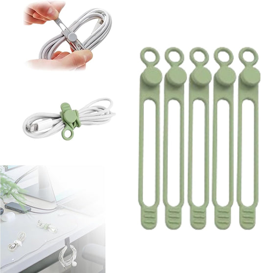 Silicone Cable Ties, 2024 New Data Cable Organizer Silicone Cable Ties Reusable Cable Management Organizer Multipurpose Cable Management for Travel/Portable/Office/Home Desk (Green, 5 Pcs)