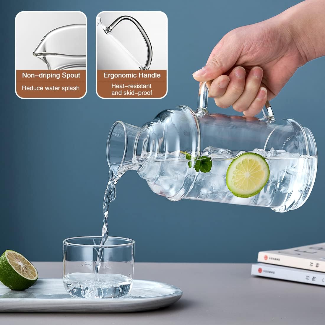 37OZ Glass Pitcher with Lid and Spout, Water Jug, 1000ml Carafe for Hot/Cold Water, Large Iced Tea Pitcher for Coffee, Juice and Homemade Beverage