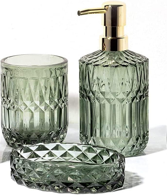 EMPO Bathroom Glass Accessories Set (Lotion Soap Dispenser, Soap Dish, Toothbrush Holder, Tumbler, Cotton Swab Jar) Contemporary Modern Decor Crystal Clear Vintage Gift (3pcs Green)