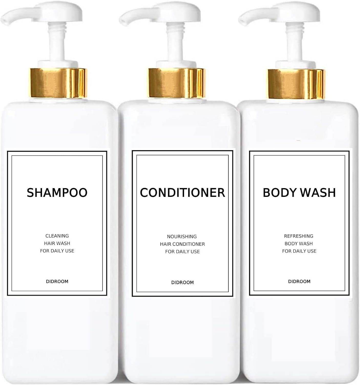 DIDROOM Modern Gold Shampoo and Conditioner Dispenser (21 oz,Pack of 3) Refillable Pump Bottle Set Empty Shower Plastic Bottles with for Bathroom Body Wash Soap Shower,3 Types Labels,Gold&white