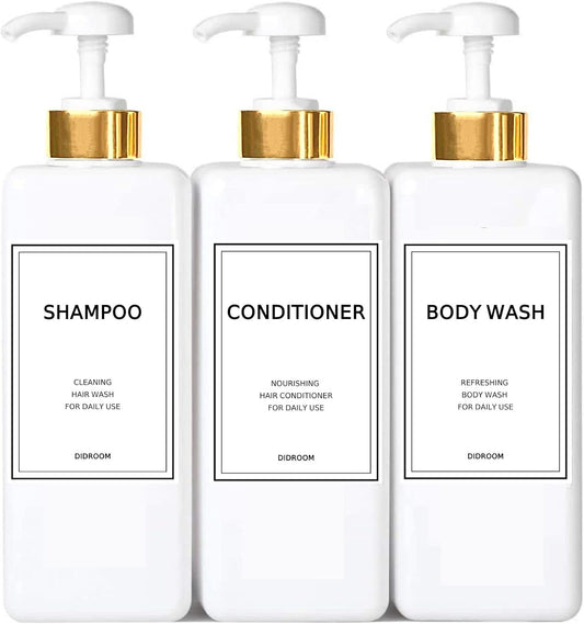 DIDROOM Modern Gold Shampoo and Conditioner Dispenser (21 oz,Pack of 3) Refillable Pump Bottle Set Empty Shower Plastic Bottles with for Bathroom Body Wash Soap Shower,3 Types Labels,Gold&white