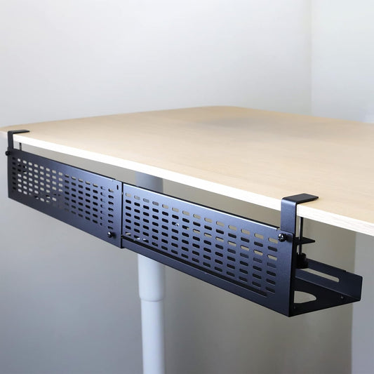 AEONS Under Desk Cable Management Tray Kit - Horizontal Adjustable up to 41” Removable C Clamp Mount Reversible Computer Cord Raceway and Modesty Panel for Large Table, Black