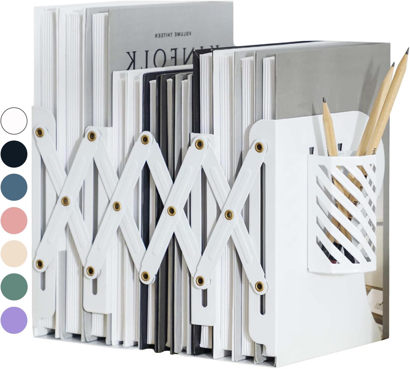 Kingsmile Book Ends, Adjustable Bookends for Shelves, Metal Bookends for Heavy Books, Book Stopper Organzier with Pen Holder for Desk, Kids Room, Office, Classroom, Library, Study Room.(White)