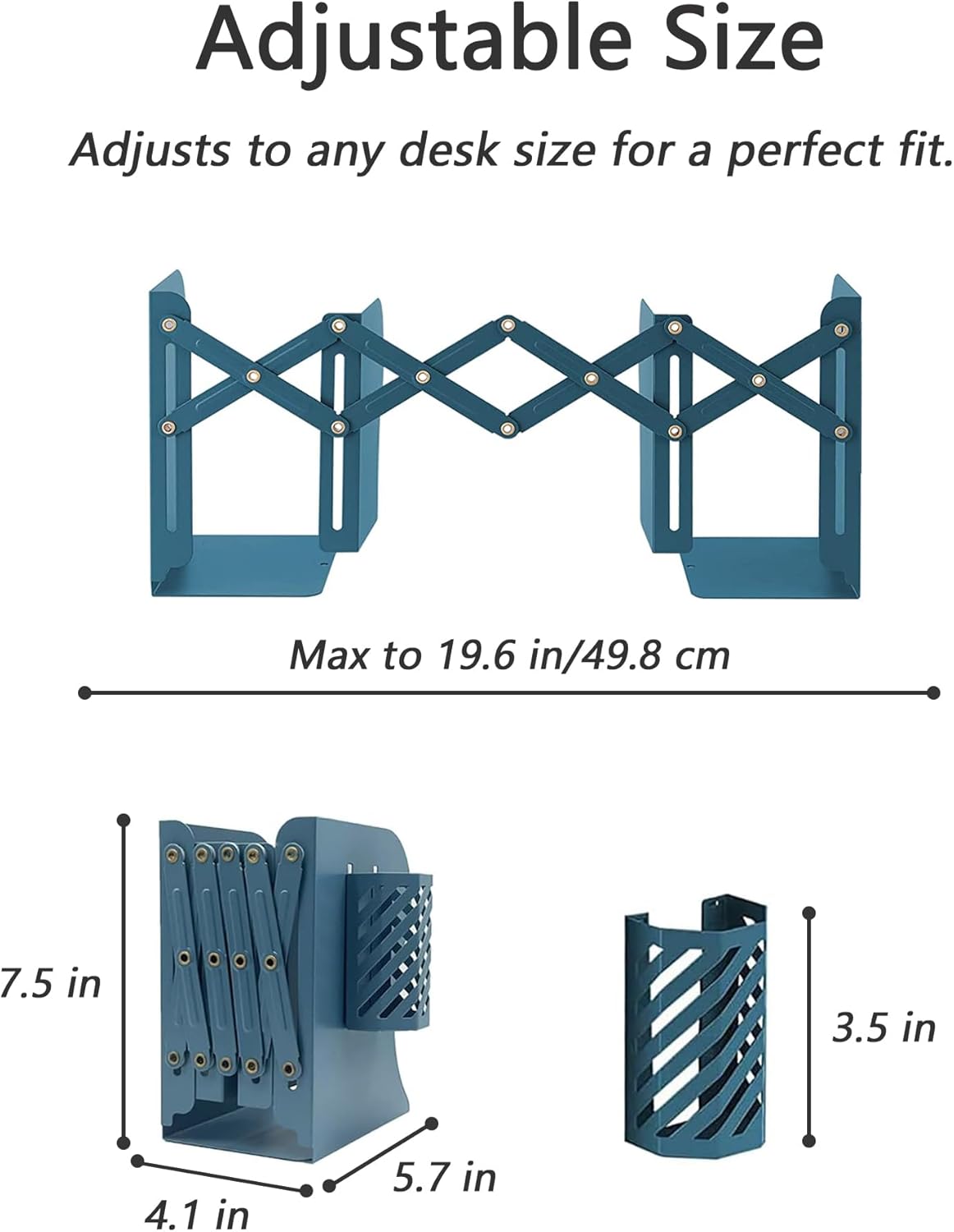 Kingsmile Book Ends, Adjustable Bookends for Shelves, Metal Bookends for Heavy Books, Book Stopper Organzier with Pen Holder for Desk, Kids Room, Office, Classroom, Library, Study Room.(Blue)