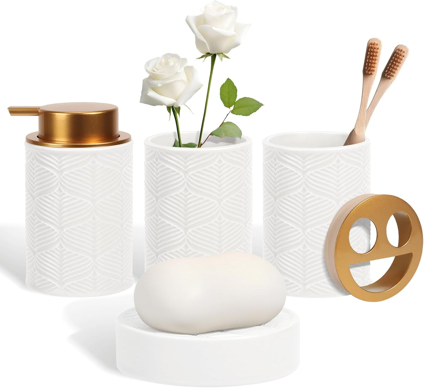 Ceramic Bathroom Accessories Set, 4 Pcs-Includes Lotion Soap Dispenser, Toothbrush Holder, Vanity Tray, and Tumbler, Modern Bathroom Decor Organizer with Soap Dish, Apothecary Jar, White Color