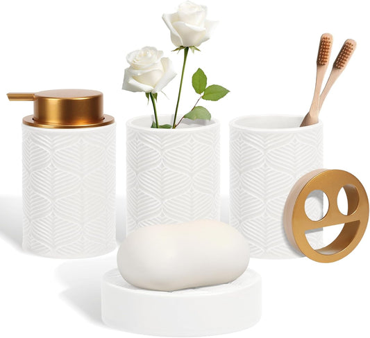Ceramic Bathroom Accessories Set, 4 Pcs-Includes Lotion Soap Dispenser, Toothbrush Holder, Vanity Tray, and Tumbler, Modern Bathroom Decor Organizer with Soap Dish, Apothecary Jar, White Color