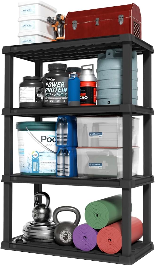 IRIS USA 4-Shelf Heavy Duty Plastic Storage Shelves, 600lb Capacity, 56"H x 36"W x 18"D, Large Modular Shelving Unit Storage Organizer for Garage, Home, Warehouse & Gym, Storage Rack - Black