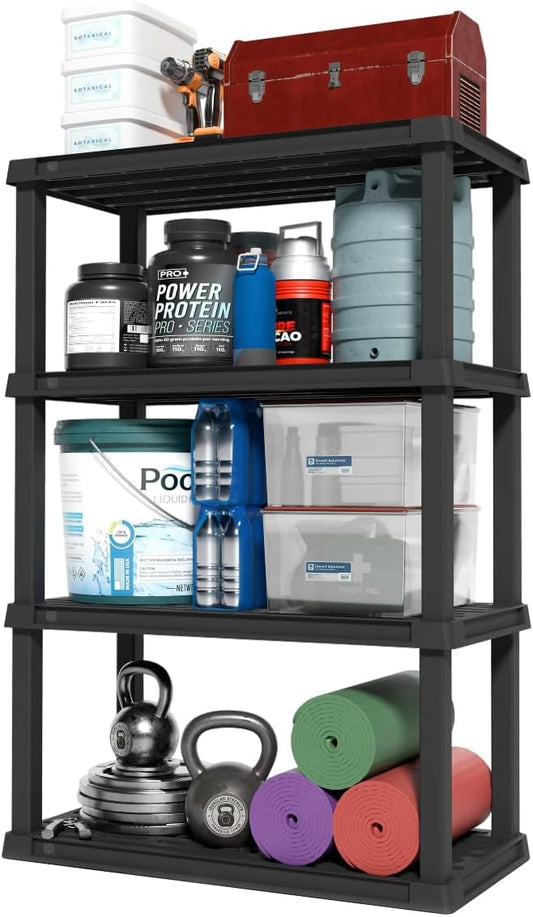 IRIS USA 4-Shelf Heavy Duty Plastic Storage Shelves, 600lb Capacity, 56"H x 36"W x 18"D, Large Modular Shelving Unit Storage Organizer for Garage, Home, Warehouse & Gym, Storage Rack - Black