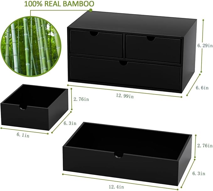 Wisuce Bamboo Desk Organizer - Mini Bamboo Desk Drawer Tabletop Cosmetic Storage Organization for Office or Home Black