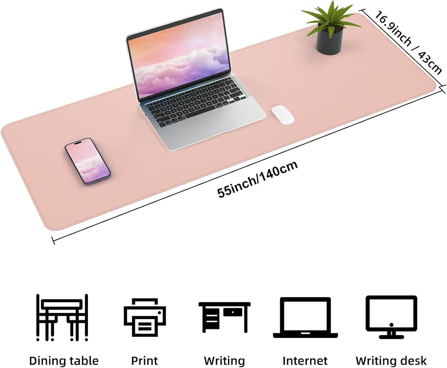 AFIING Leather Desk pad Protector, Large Non-Slip Office Desk Mat with Natural Cork & PU Leather, Waterproof Writing Mouse Pad for Office and Home (55in*17in,Pink)