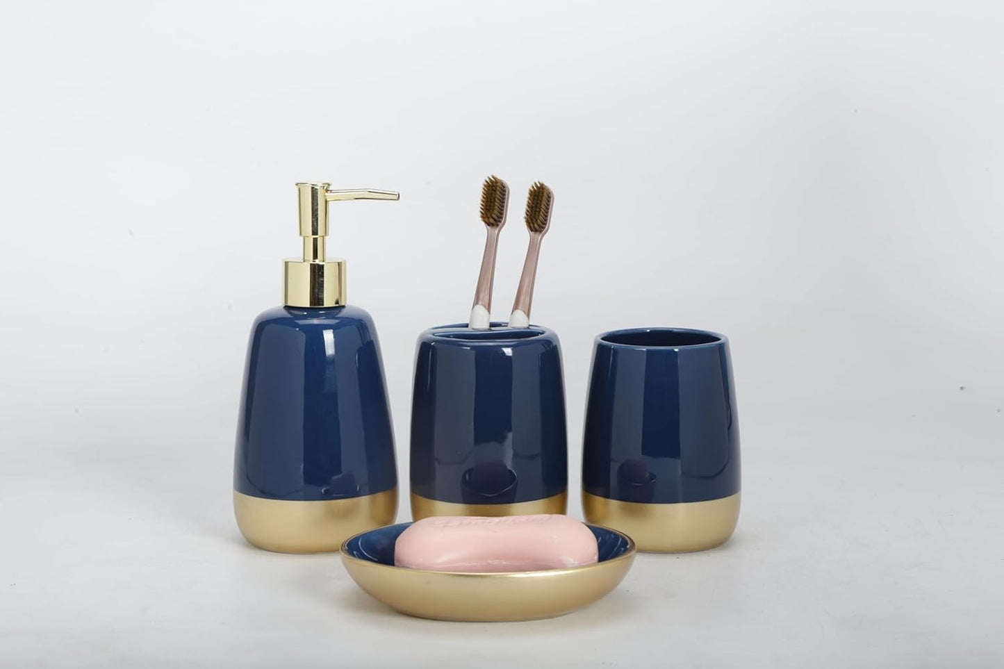 Navy Blue Gold Luxury Bathroom Accessories Set 4 Pieces,Vanity Countertop Ceramic Accessory Set for Bathroom Decor with Soap Dispenser,Toothbrush Holder, Tumbler,Soap Dish (Navy Blue)