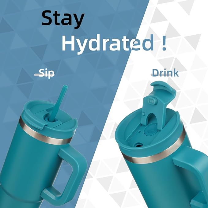 30 oz Tumbler with Handle and 2 Straws,2 in 1 Lid Insulated Water Bottle Stainless Steel Travel Coffee Mug,Blue